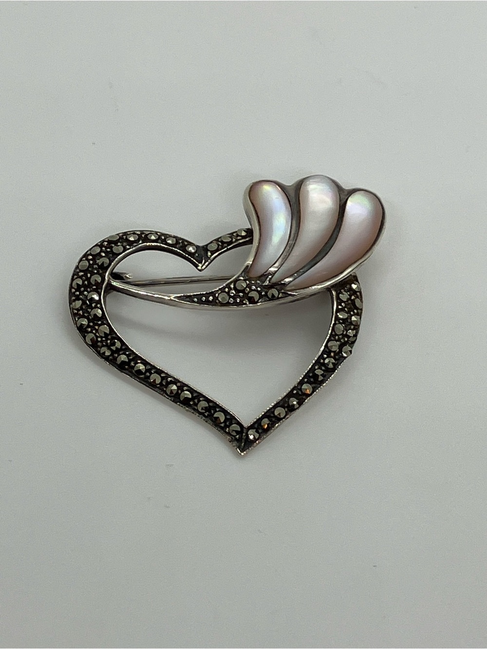 Vtg 925 Marcasite Mother of Pearl Heart Fan Pin Brooch